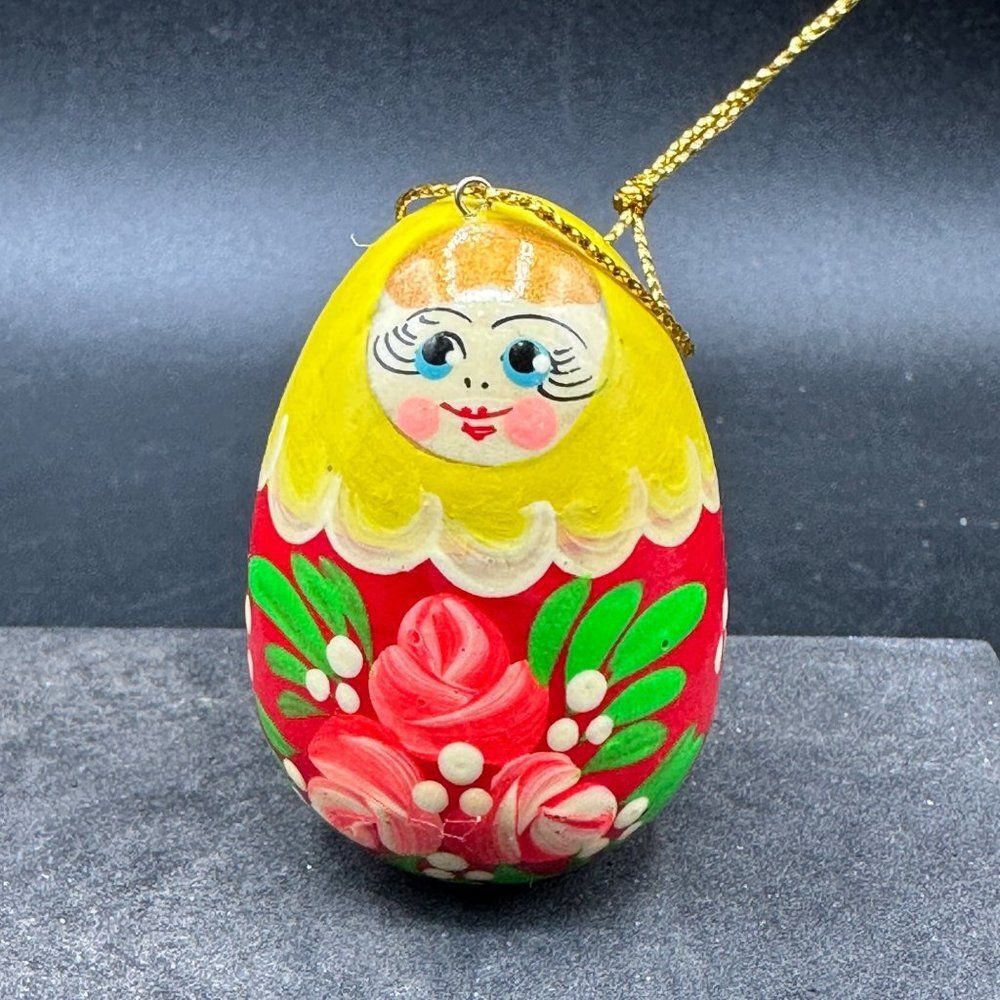 Vintage Easter Egg Wood Ornament Hand Painted Ukrainian Artist 